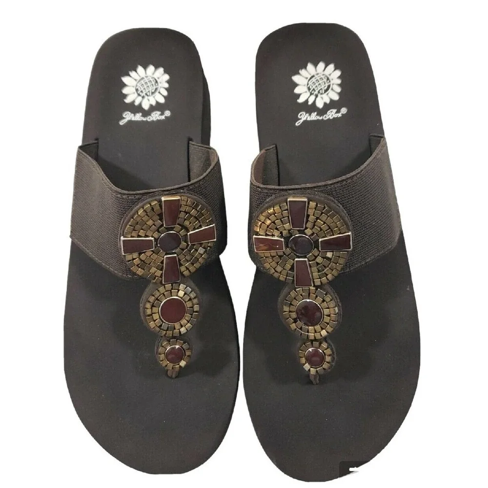Yellow Box ~Woman 8.5 M~ Brown Flip Flops Wedge Jeweled Sandals 30189 NEW. - Picture 4 of 12